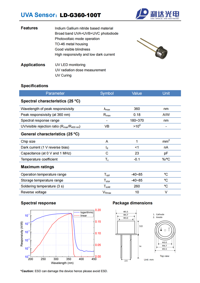 GaN series UVA sensor LD-G360-100T